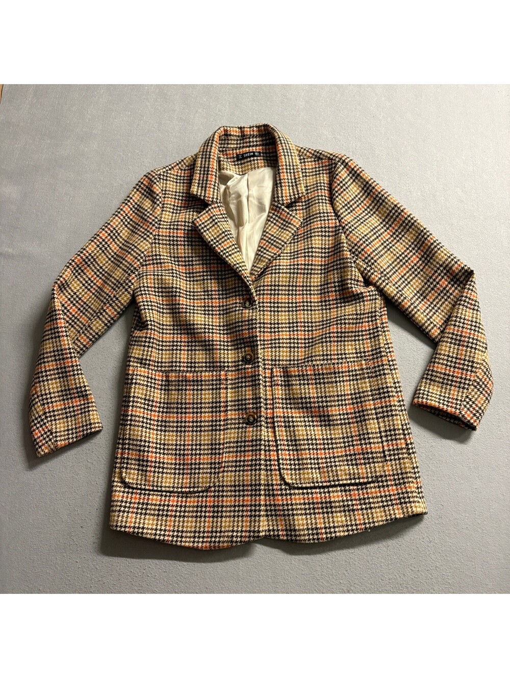 Shein Plaid Blazer Jacket Womens Small Brown Orange Houndstooth Tweed Style Coat